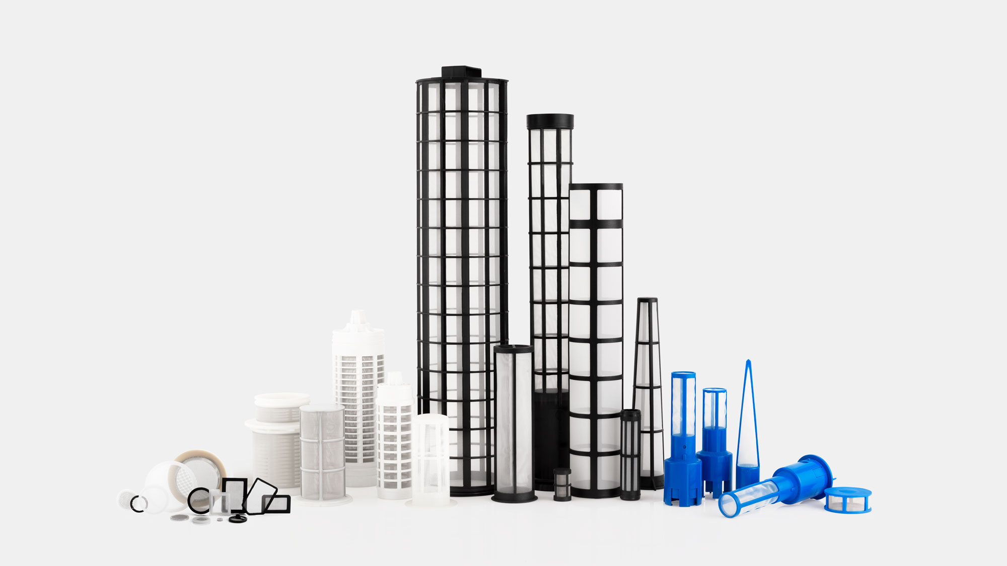 Collection of custom plastic and mesh filters in various sizes